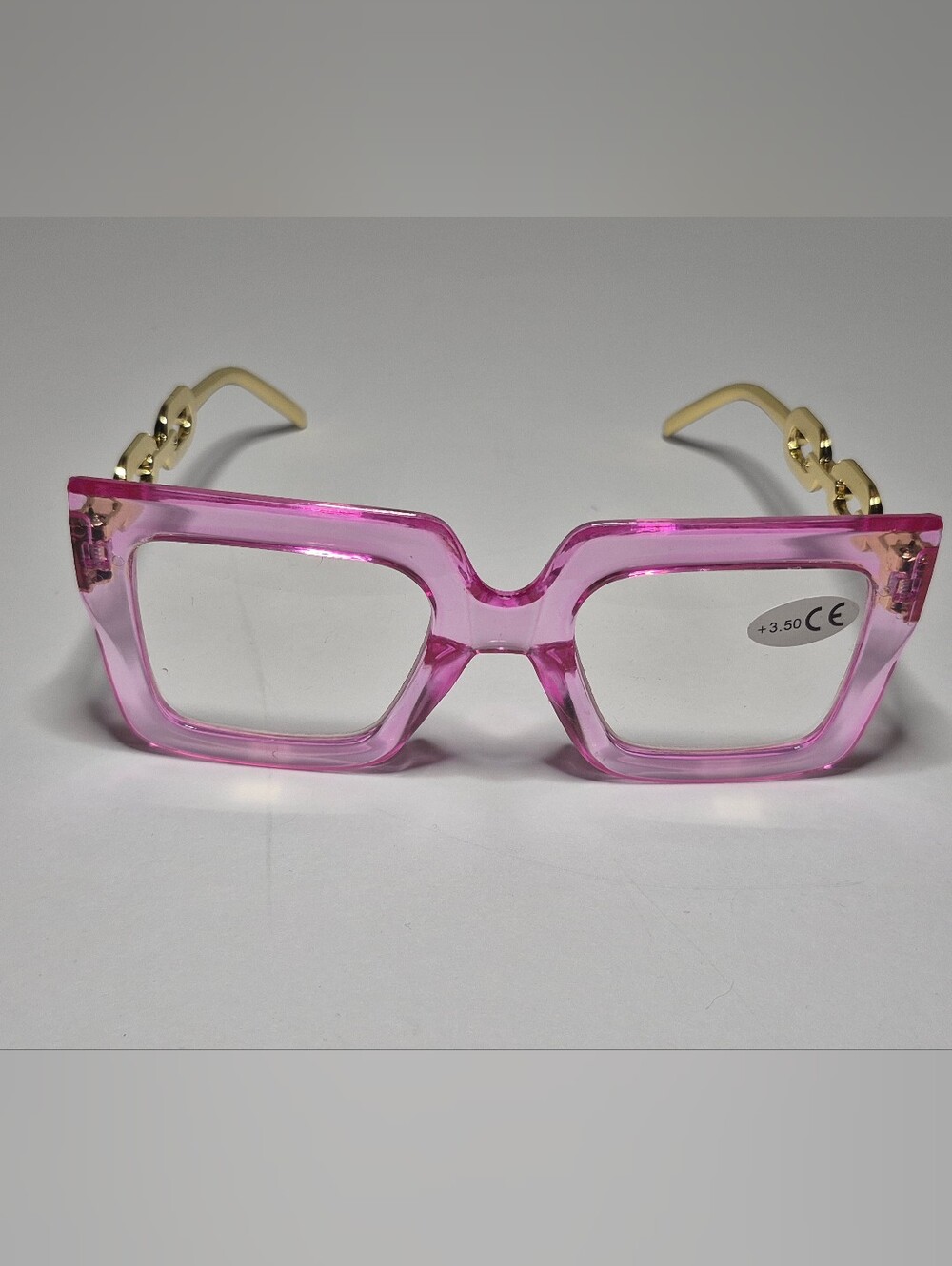 Bold Pink Square Reading Glasses with Gold Temples